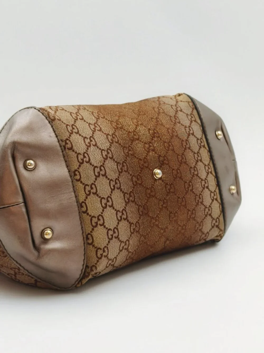 Gucci GG Monogram Canvas Boston Shoulder Bag Brown Leather Heart Charm